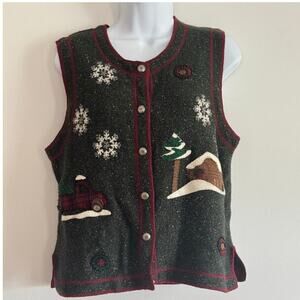 Woolrich Women Holiday Sweater‎ Vest S Green Lambs Wool Plaid Grandmacore